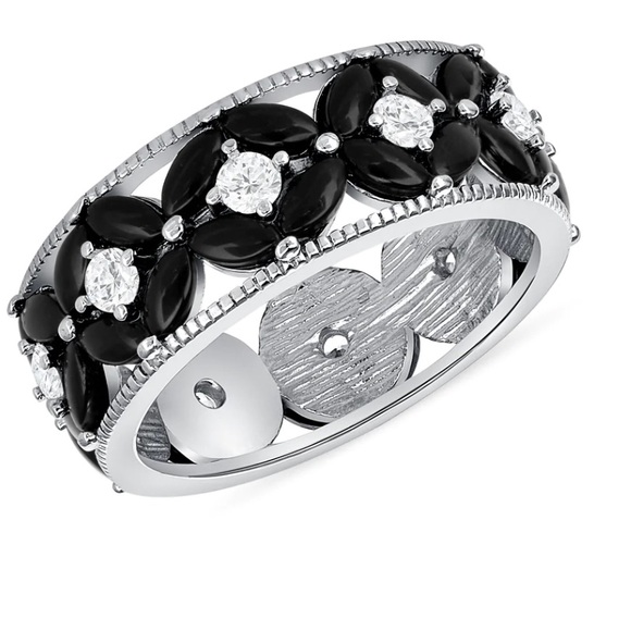 New Silver 925 Rhodium Plated Silver Black Onyx Infinity Ring Cubic Zirconia - Picture 1 of 1